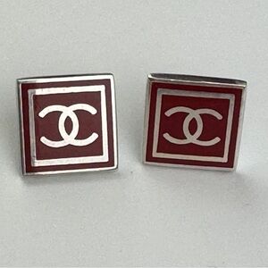 Sterling Silver And Red Enamel Vintage Pierced Earrings
